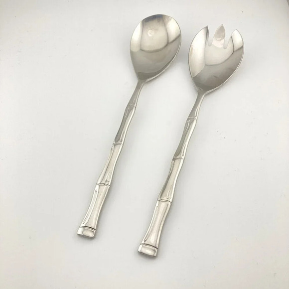 Stainless Steel Salad Servers, Bamboo Pattern, Made‎ in Korea, Approx. 9 inches - Picture 1 of 5
